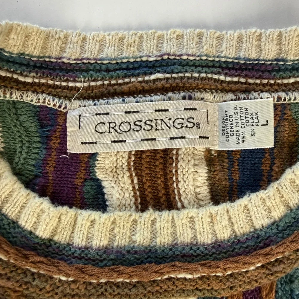 Crossings Vintage 90s 3D Textured Knit Sweater Large Brown Green Made in USA